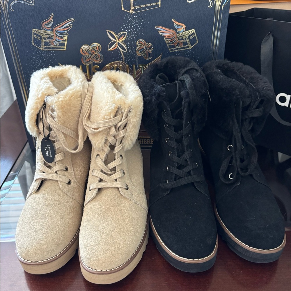 Style & Co. Fur-Trim Lace-Up Winter Boots - Beige and Black